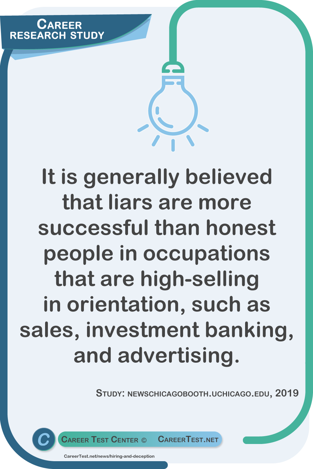 It is generally believed that liars are more successful than honest people in occupations that are high-selling in orientation, such as sales, investment banking, and advertising. - Source: newschicagobooth.uchicago.edu